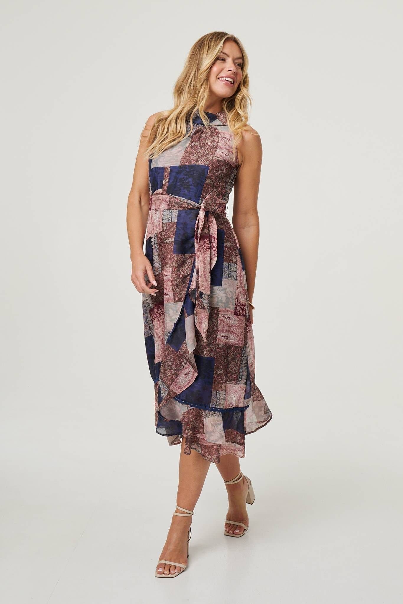 Izabel London Izabel London Women's Patchwork Sleeveless Midi Wrap Dress in Blue