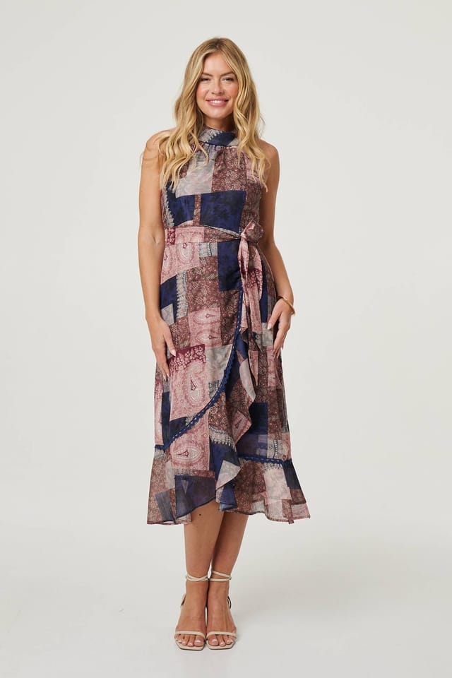 Izabel London Izabel London Women's Patchwork Sleeveless Midi Wrap Dress in Blue - 3