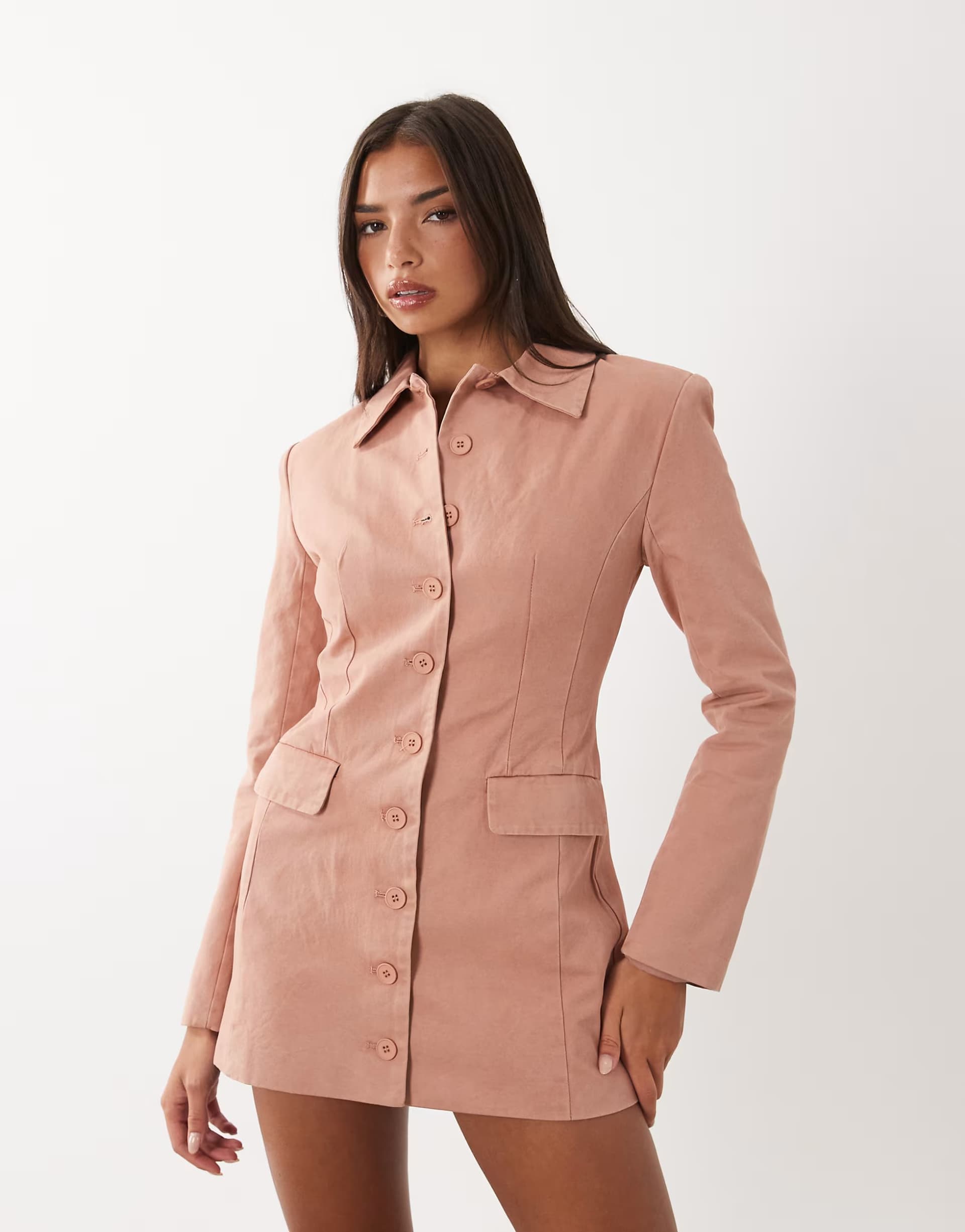 ASOS Lioness Cheri cotton tailored shoulder pad button front blazer mini dress in rose pink