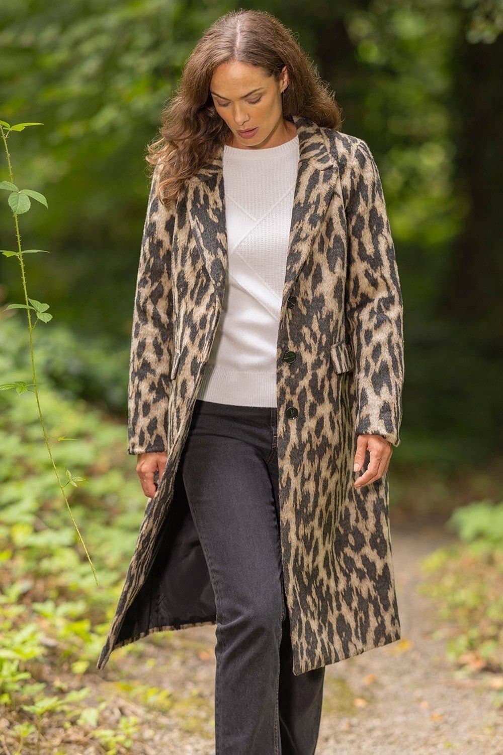 klass Klass. Women's Leopard Print Longline Coat in Light Brown