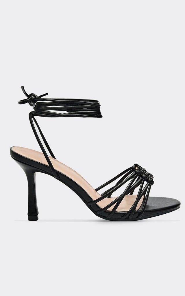 EGO Justine Lace Up Knotted Strap Heel In Black Faux Leather, Women's Size UK 3 - 2