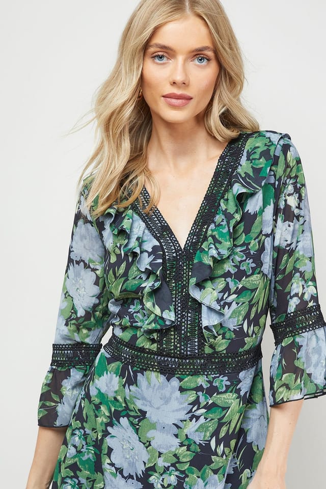 Oasis Oasis Women's Printed Lace Detail V Neck Ruffle Midi Dress in Floral - 2