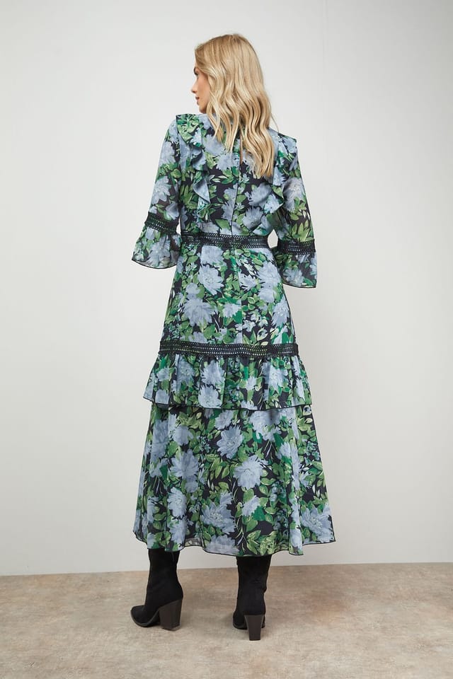 Oasis Oasis Women's Printed Lace Detail V Neck Ruffle Midi Dress in Floral - 3