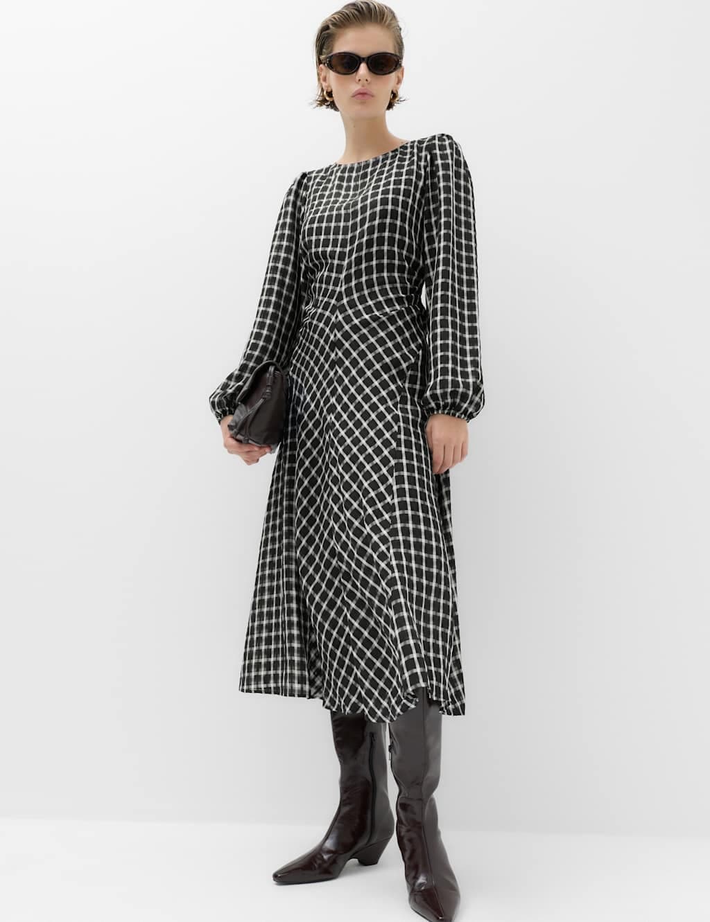 Marks & Spencer M&S Checked Blouson Sleeve Midaxi Dress Black Mix