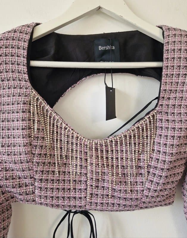 Bershka Bershka Top S NEW Lilac Black Tweed Style Cropped Diamante Tasseled Long Sleeved