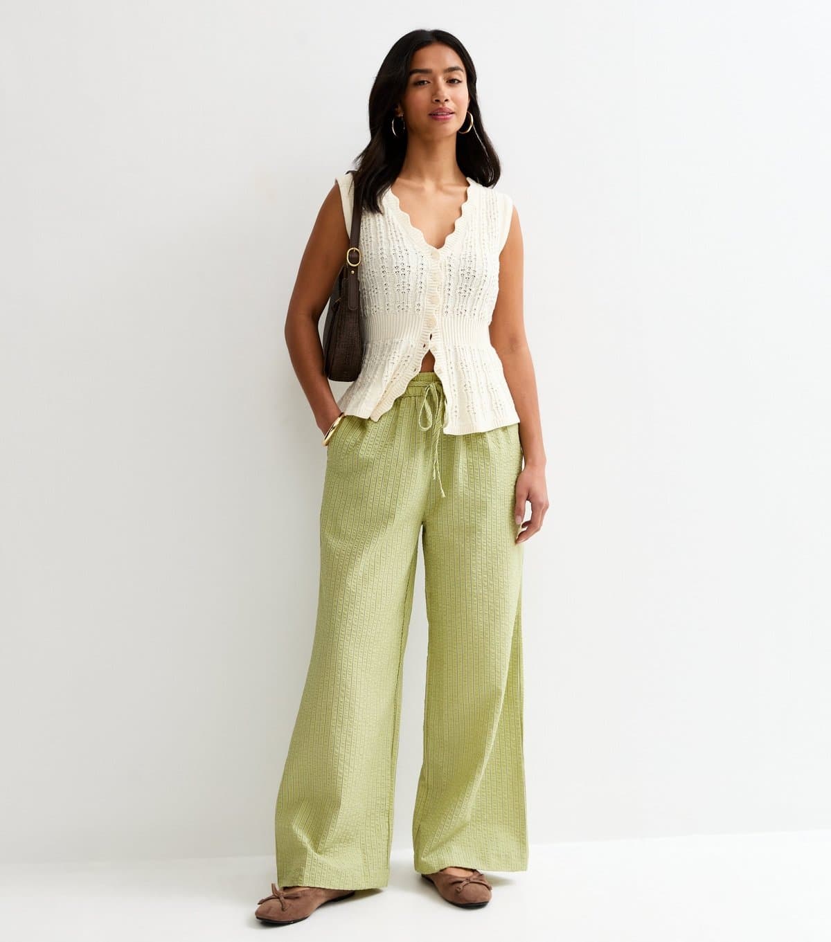 New Look Women's Petite Green Seersucker Striped Wide Leg Trousers New Look
