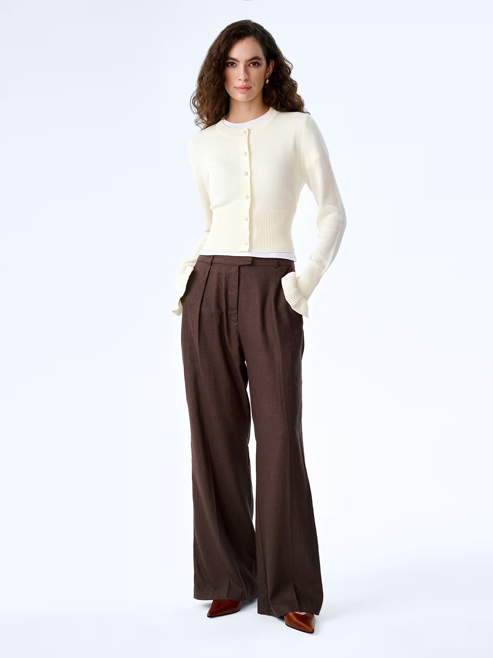 ASOS Omnes Trousers pearl high-rise, wide leg linen trousers in chocolate brown in brown - 1