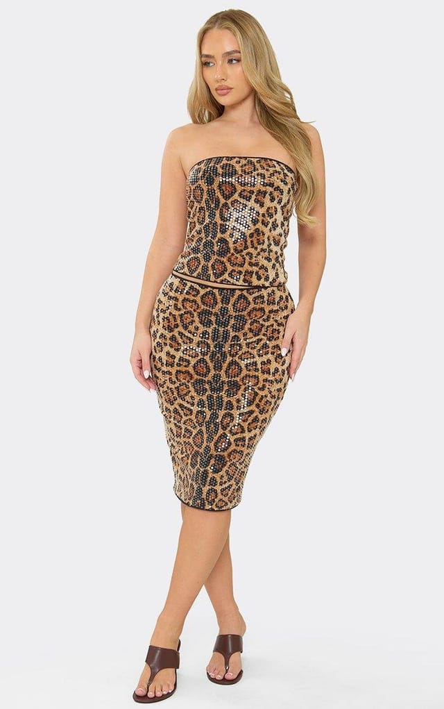 EGO Bandeau Sequin Detail Top And Midi Skirt In Brown Leopard Print, Women's Size UK L - 2