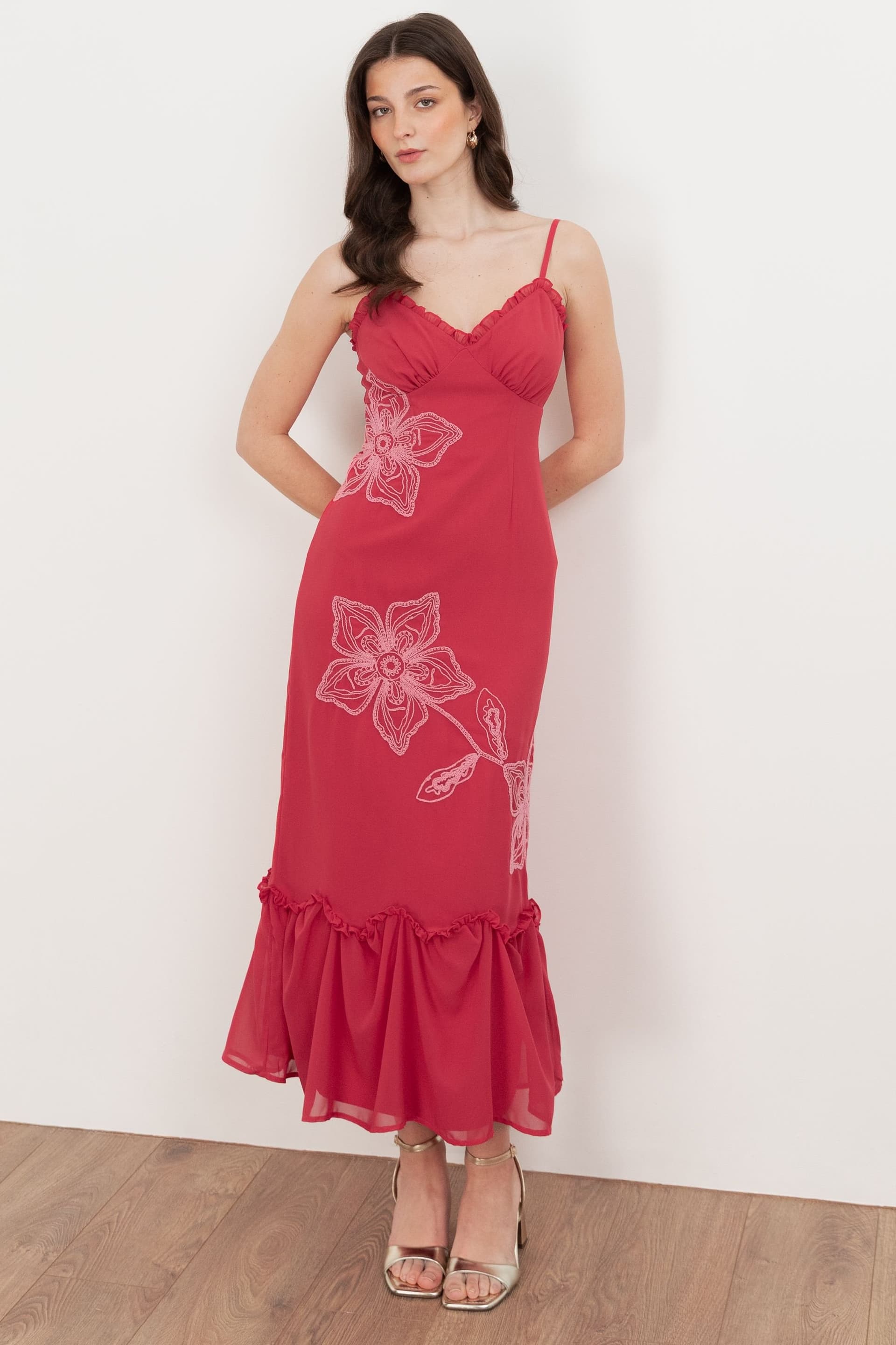 Maya Deluxe Maya Deluxe Women's Floral Embroidered Cami Maxi Dress in Bright Pink