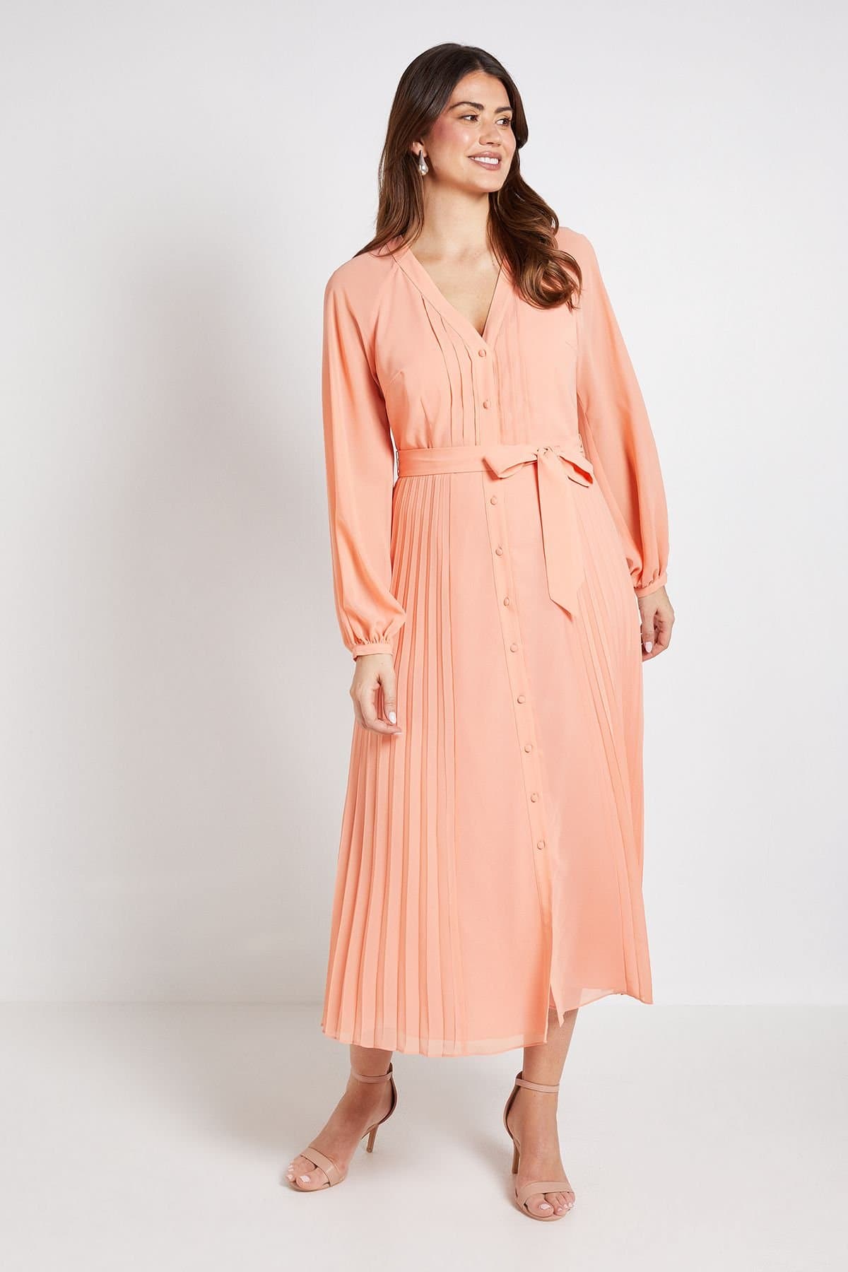 Wallis Wallis Women's Chiffon Pleat Detail Midi Dress in Apricot