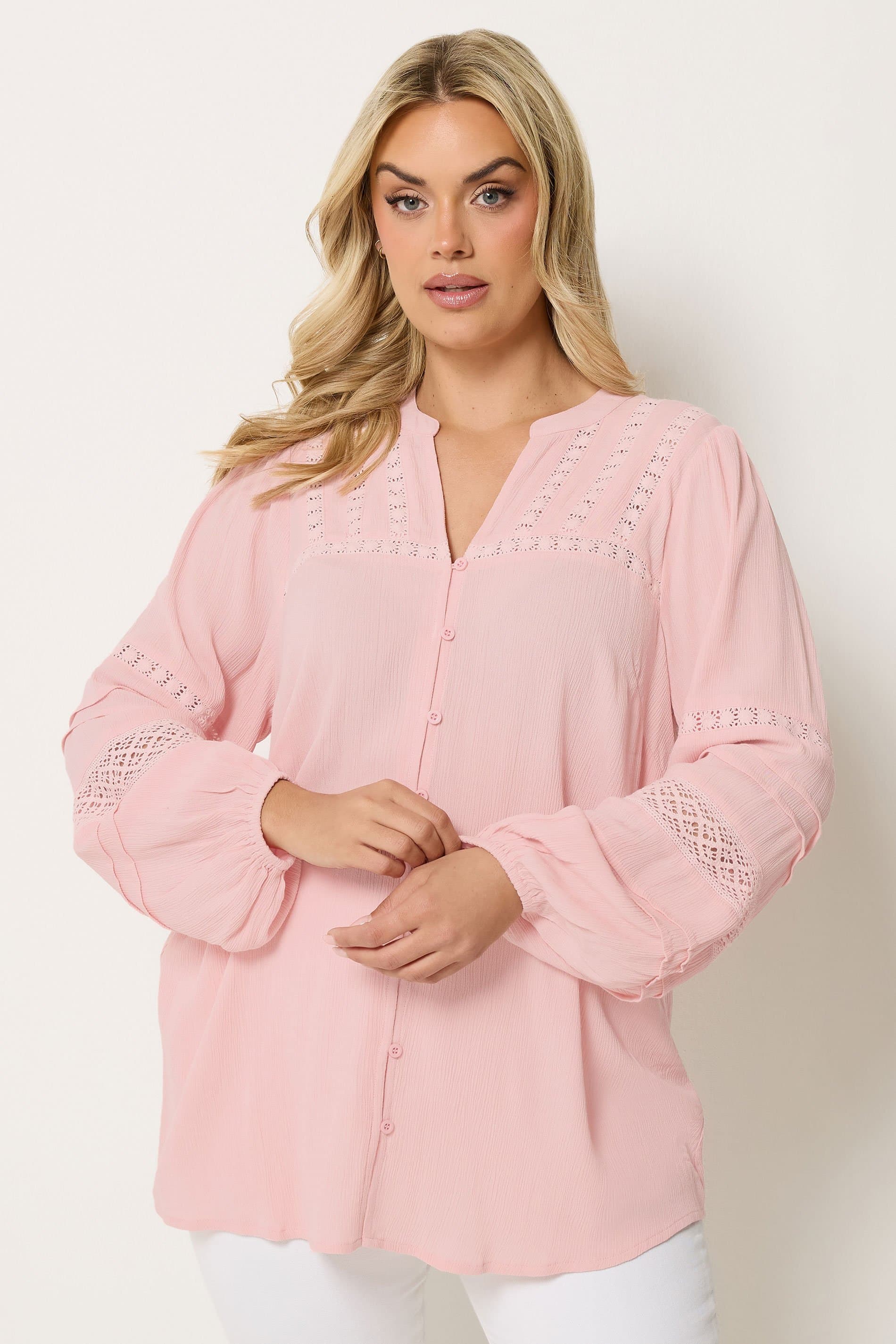 Yours Plus Size Pink Crochet Notch Neck Top