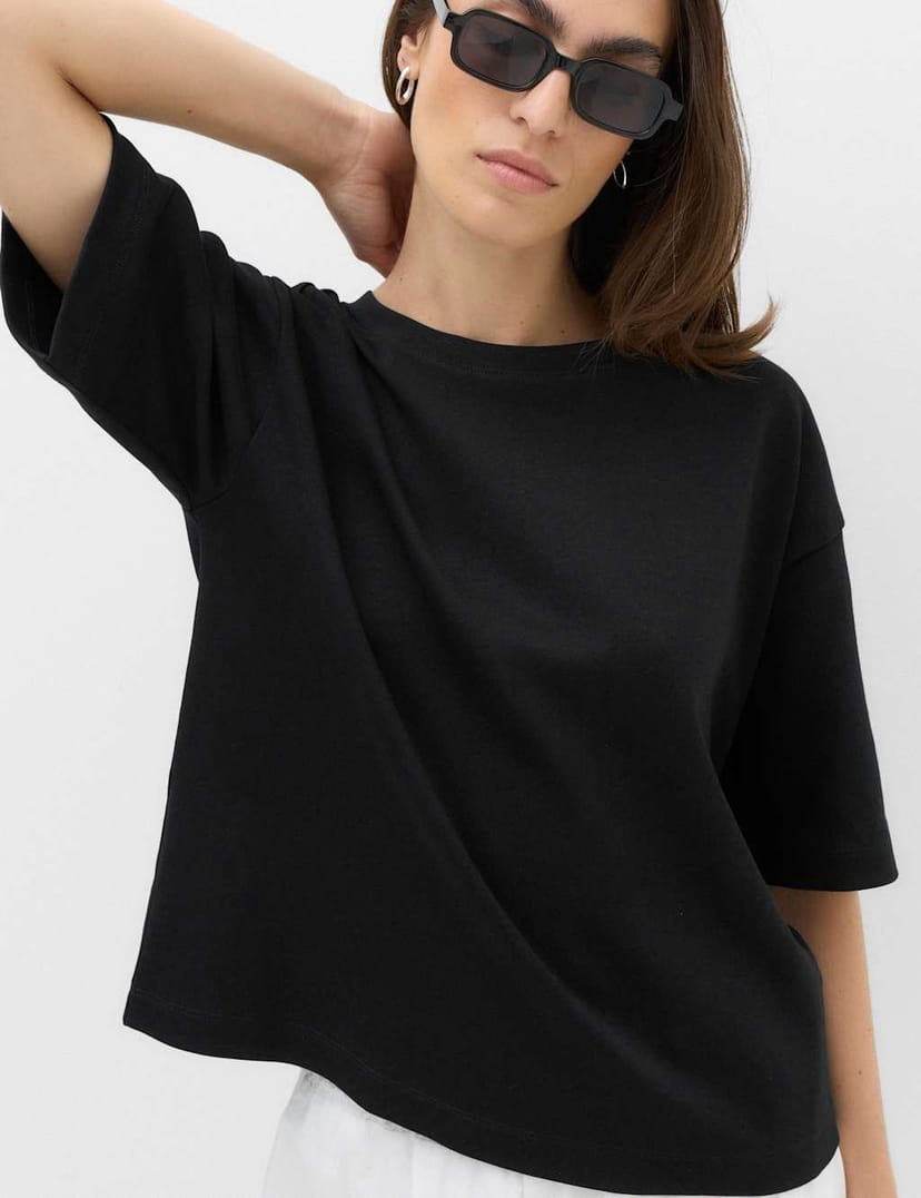 Marks & Spencer M&S Pure Cotton Striped Boxy T-Shirt Black - 1