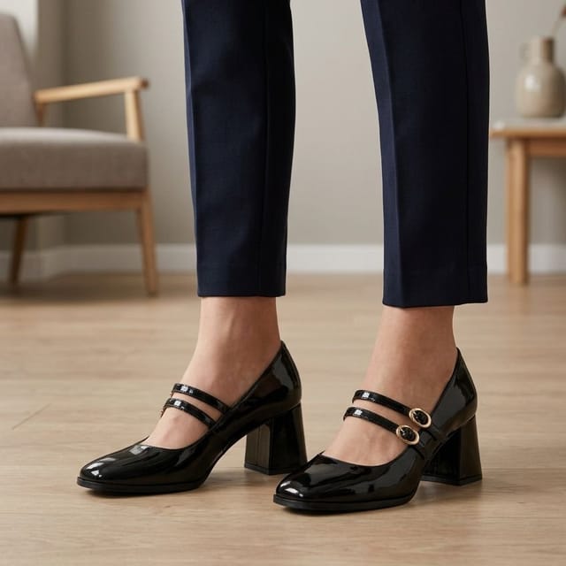 Truffle Collection Truffle Collection Women's Heeled Square Toe Mary Jane Buckle Strap Patent PU Block Heel Shoes in Black - 2
