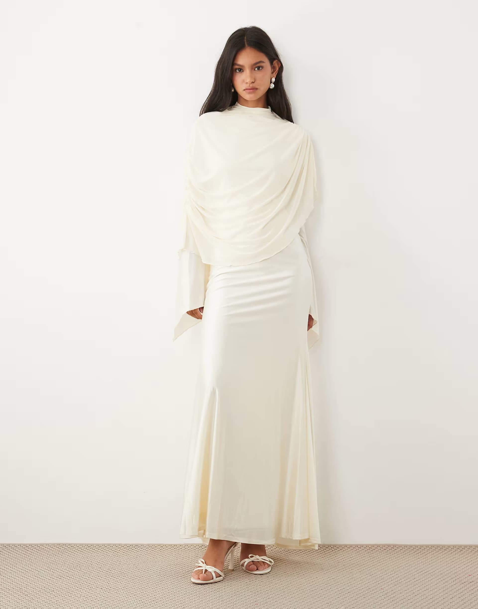 ASOS JW PEI mesh high neck shawl detail maxi dress in cream