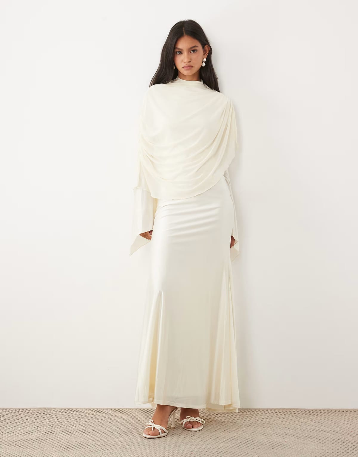 ASOS JW PEI mesh high neck shawl detail maxi dress in cream - 1