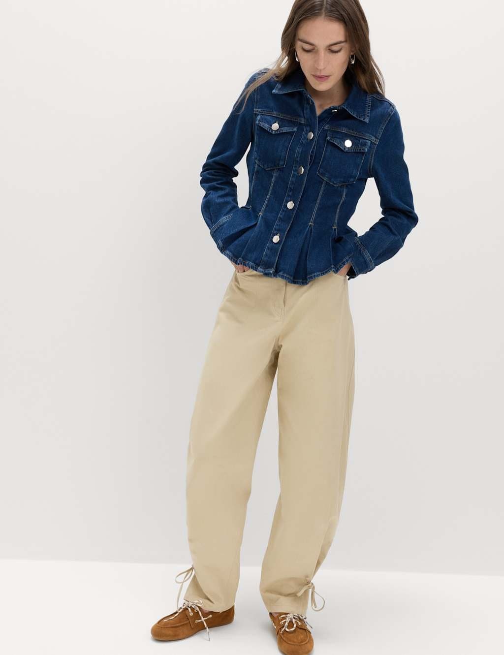 Marks & Spencer M&S Cotton Rich Tie Hem Barrel Leg Trousers Sandstone