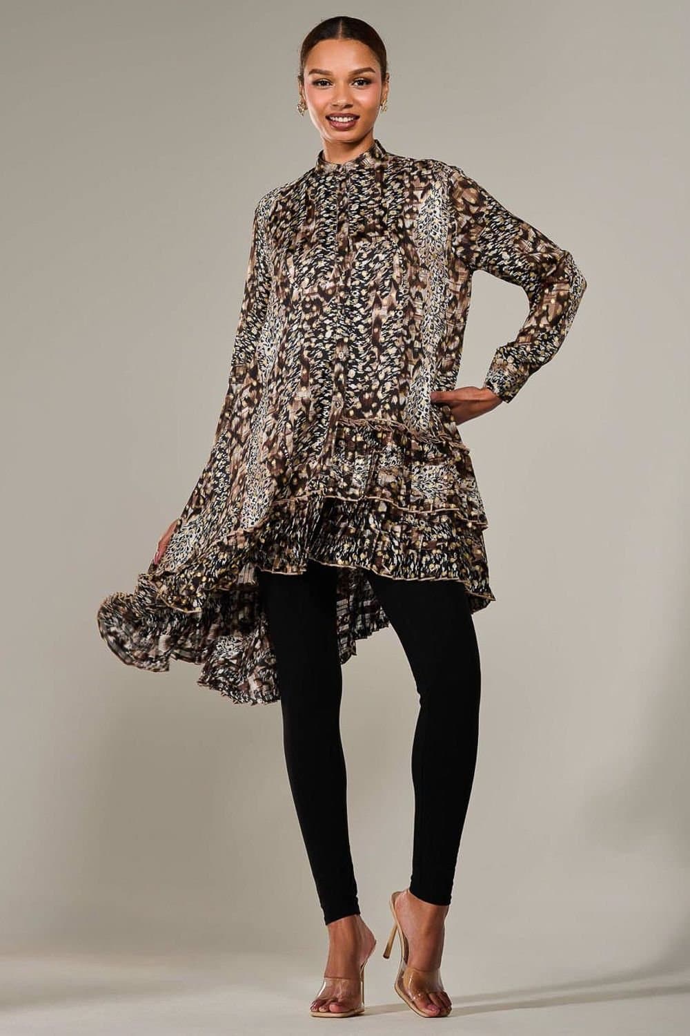 Jolie Moi Jolie Moi Women's Dipped Hem Shirt Midi Dress in Brown