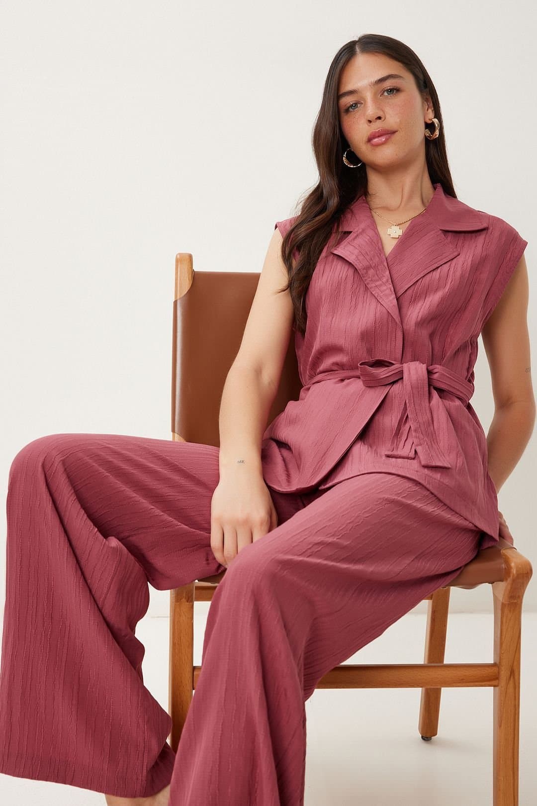 Happiness Istanbul Happiness Istanbul Women's High Waist Two-Piece Set with Shirt Collar & Wide Leg Pants in Crimson