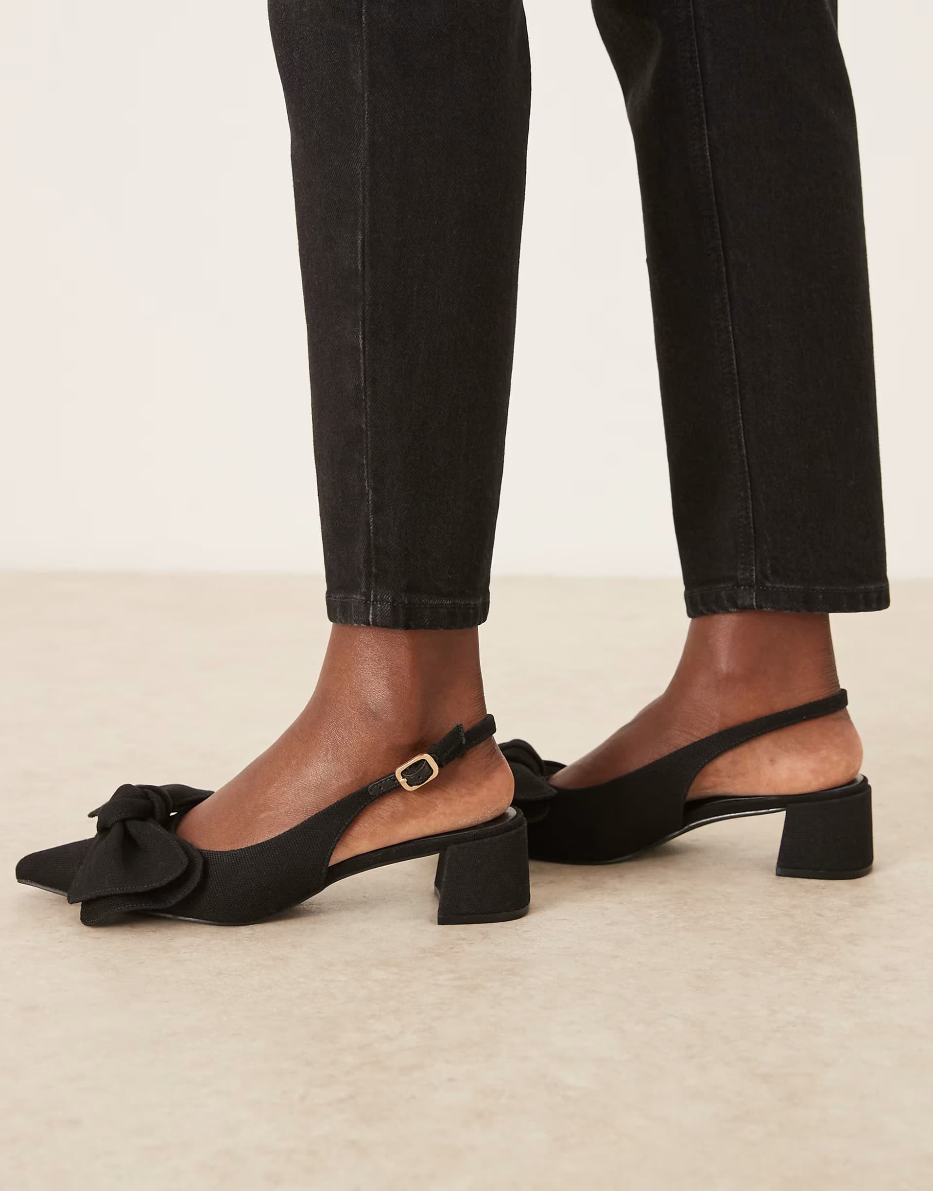 ASOS ASOS DESIGN Symbol bow slingback mid block heeled shoes in black linen