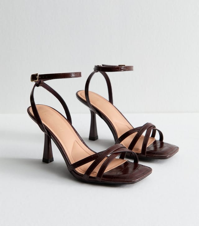 New Look Women's Wide Fit Dark Brown Strappy Faux Leather High Heel Sandals Vegan New Look - 2