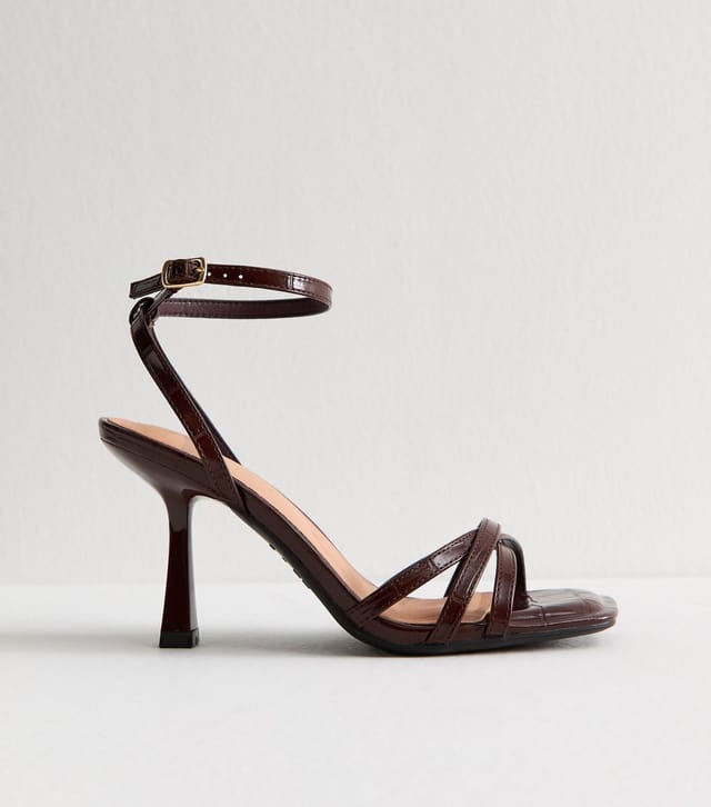 New Look Women's Wide Fit Dark Brown Strappy Faux Leather High Heel Sandals Vegan New Look - 3