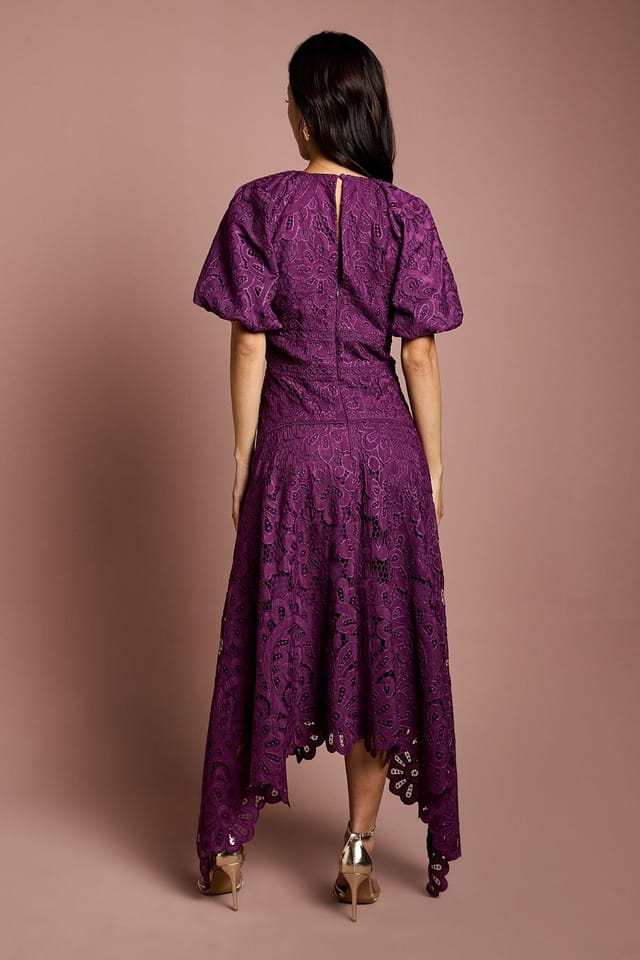 Coast Coast Women's Lace Hanky Hem Puff Sleeve Dress in Plum - 3