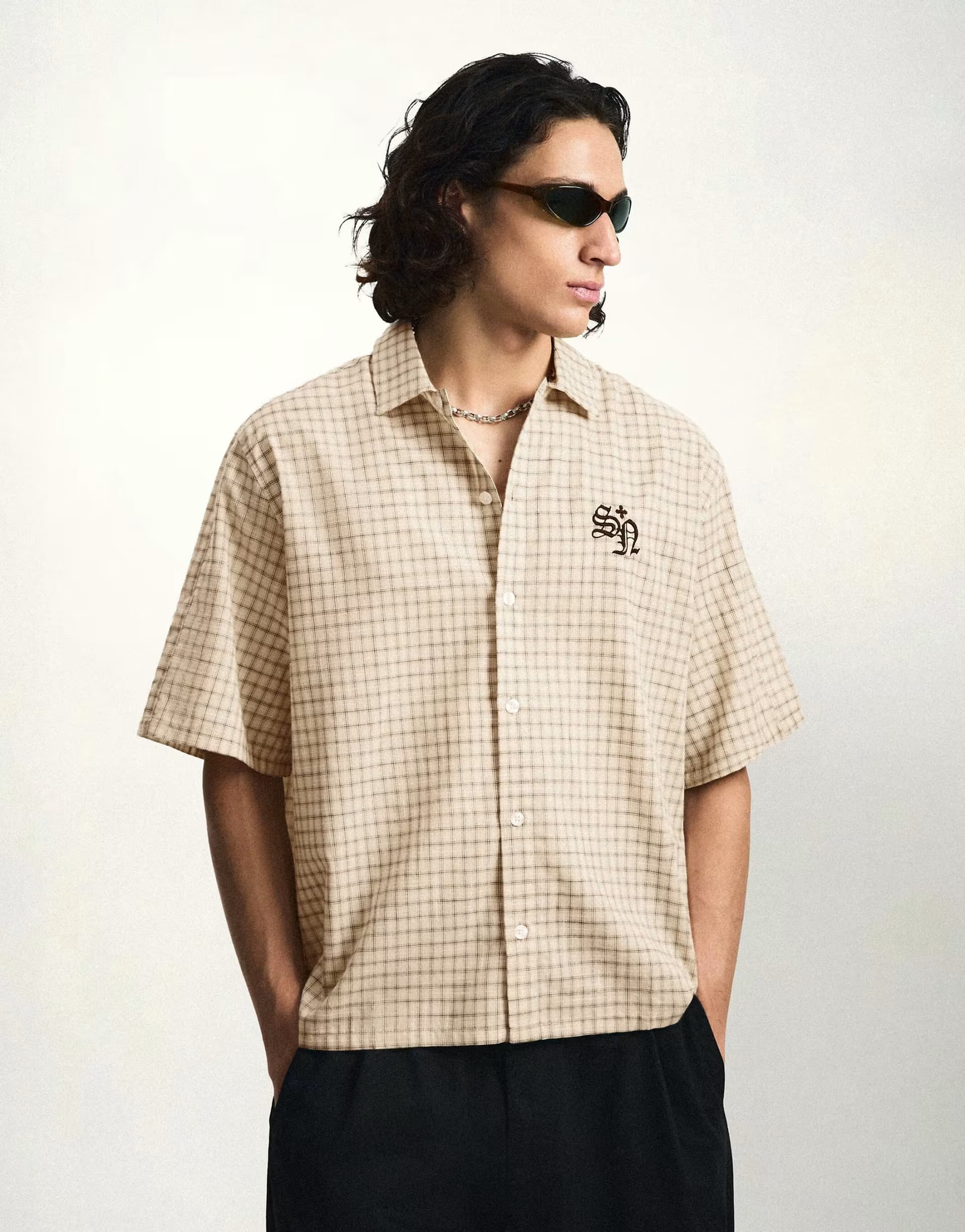 ASOS Bershka Embroidered short sleeve shirt in beige
