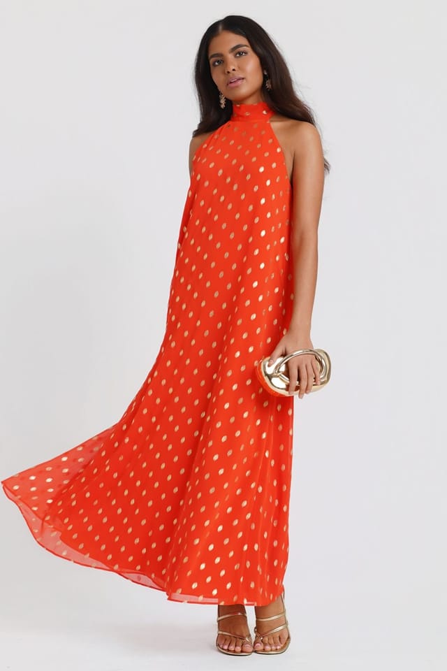 Needs No Label Needs No Label Women's Orange Foil Halter Maxi Dress - 2