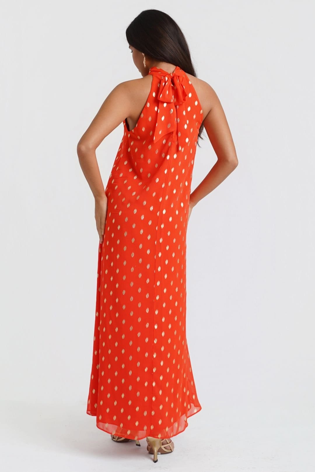 Needs No Label Needs No Label Women's Orange Foil Halter Maxi Dress - 4