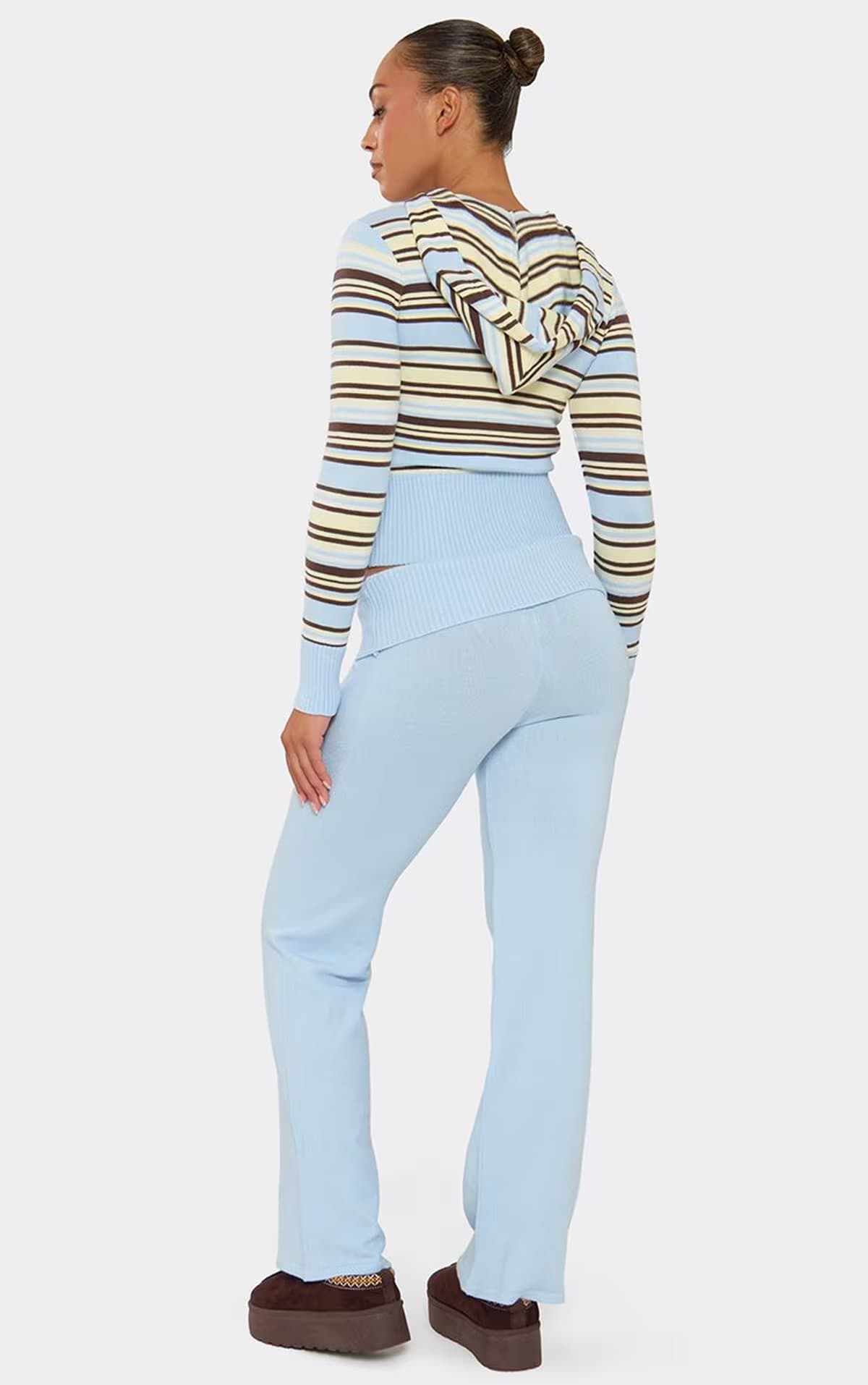 EGO Low Rise Fold Over Ribbed Waistband Straight Leg Trousers In Blue Knit, Women's Size UK S