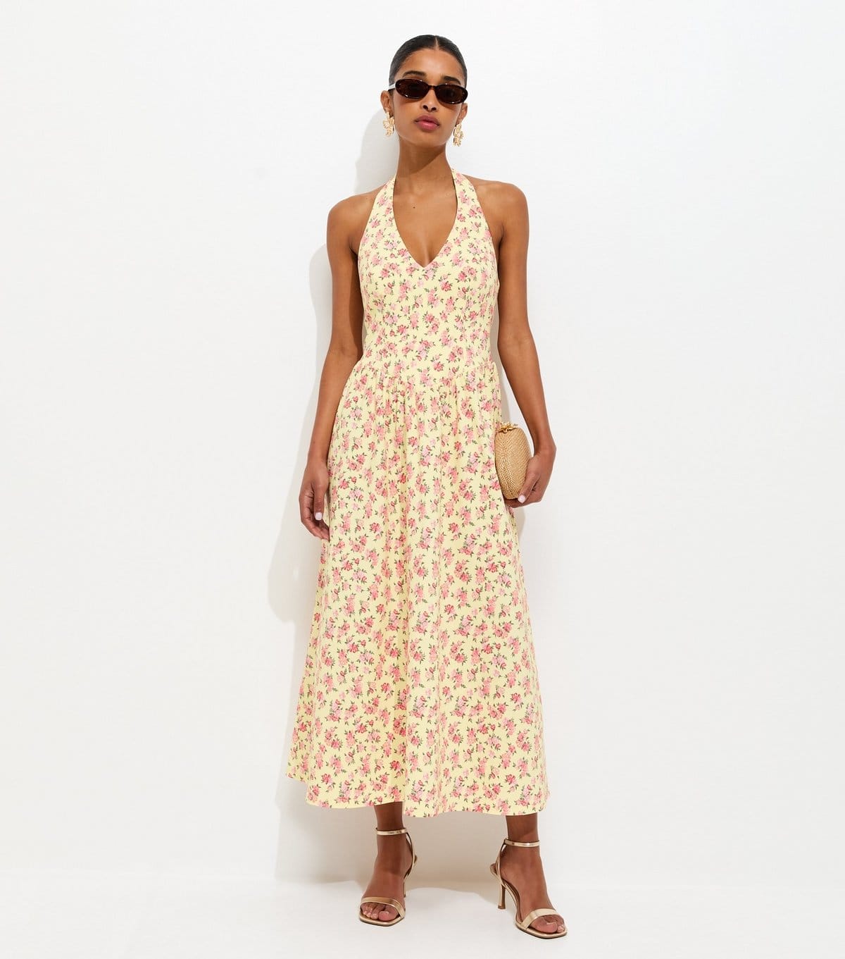 New Look Yellow Floral Print Halter Neck Midi Dress