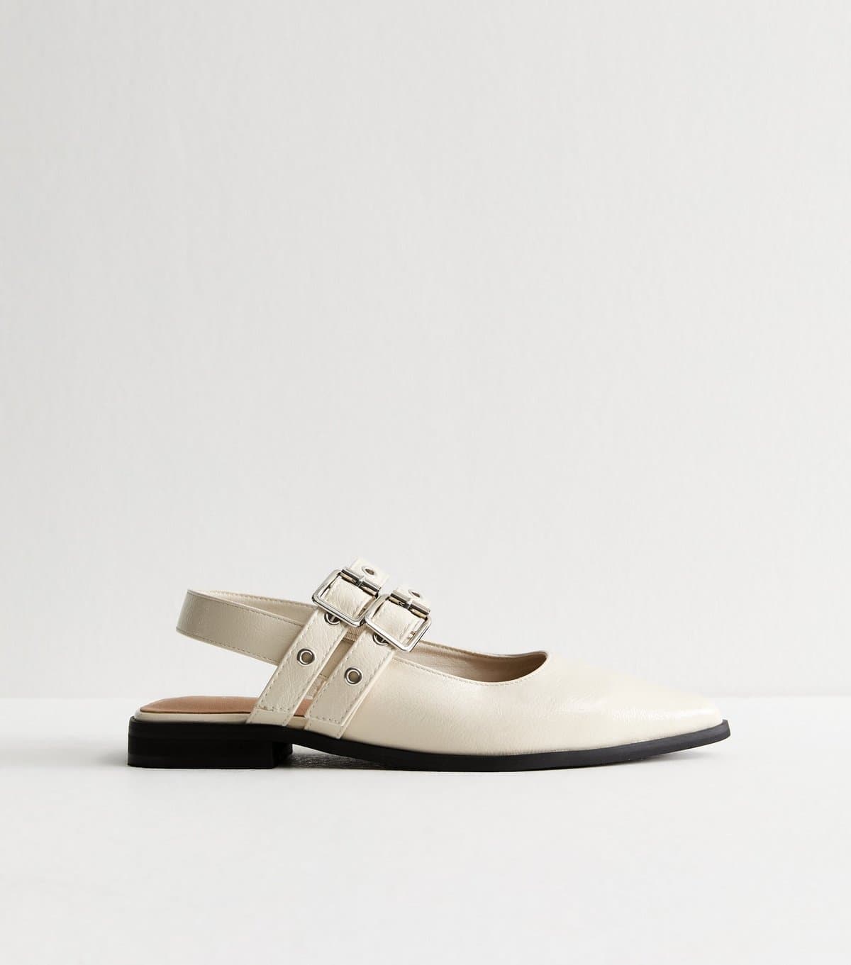 New Look Women's Off White Faux Leather Eyelet Strap Mary Jane Flats Vegan New Look