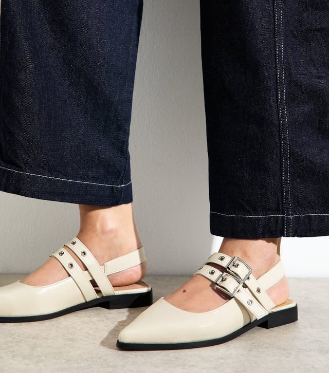 New Look Women's Off White Faux Leather Eyelet Strap Mary Jane Flats Vegan New Look - 2