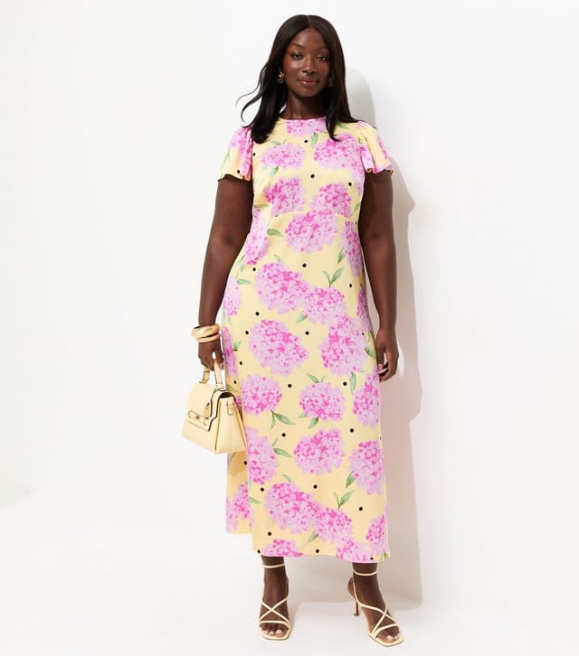 New Look Women's Plus Size Yellow Hydrangea Spot Print Flutter Sleeve Midi Dress Curves New Look - 2