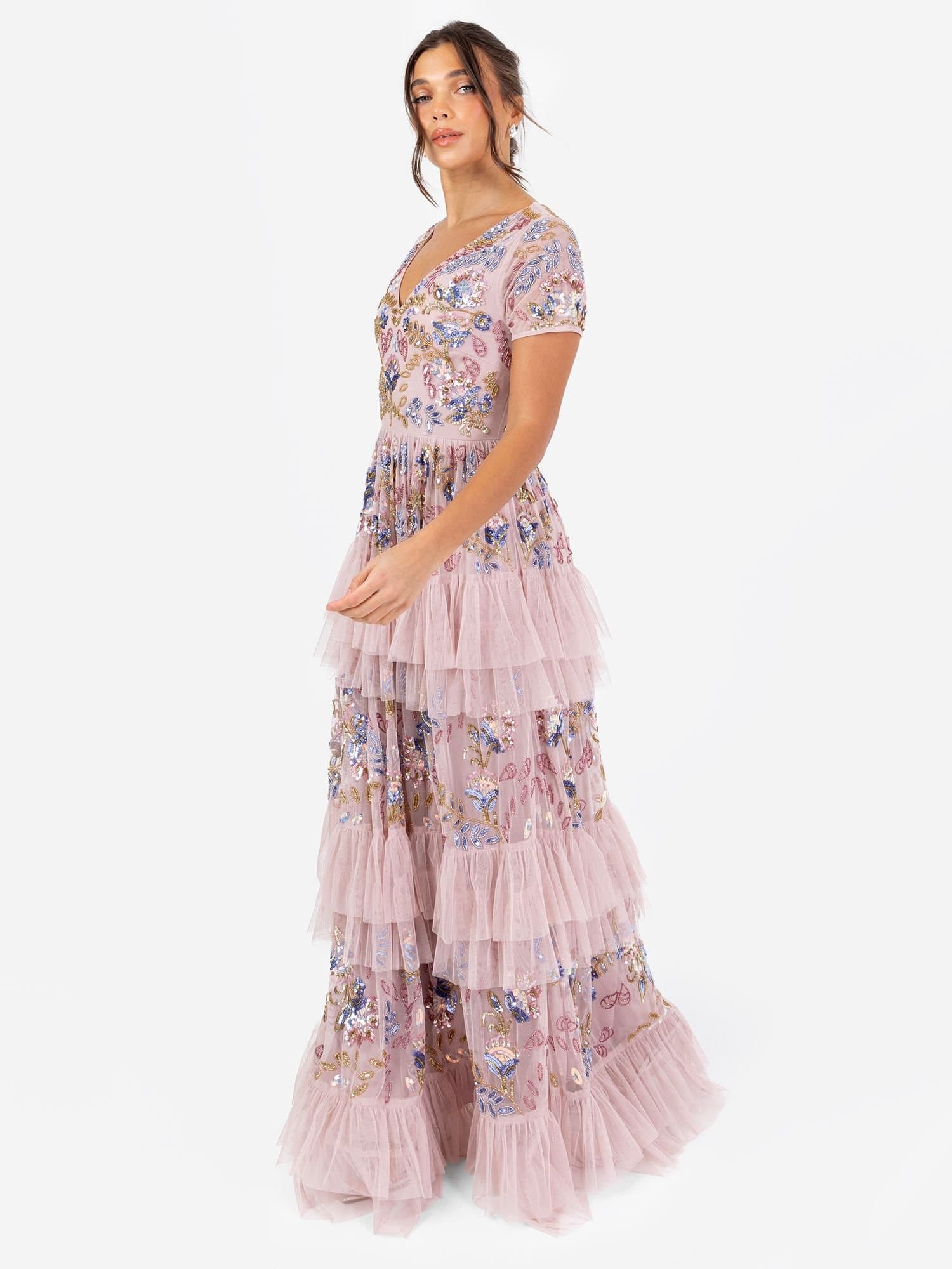 Maya Deluxe Maya Deluxe Women's Embellished V Neck Tiered Maxi Dress in Light Pink