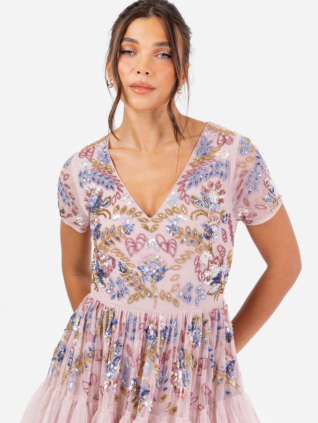 Maya Deluxe Maya Deluxe Women's Embellished V Neck Tiered Maxi Dress in Light Pink - 2