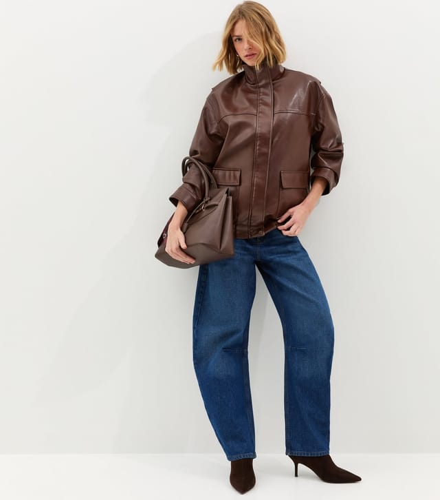 New Look Women's Dark Brown Faux Leather Funnel Neck Oversized Jacket New Look - 2