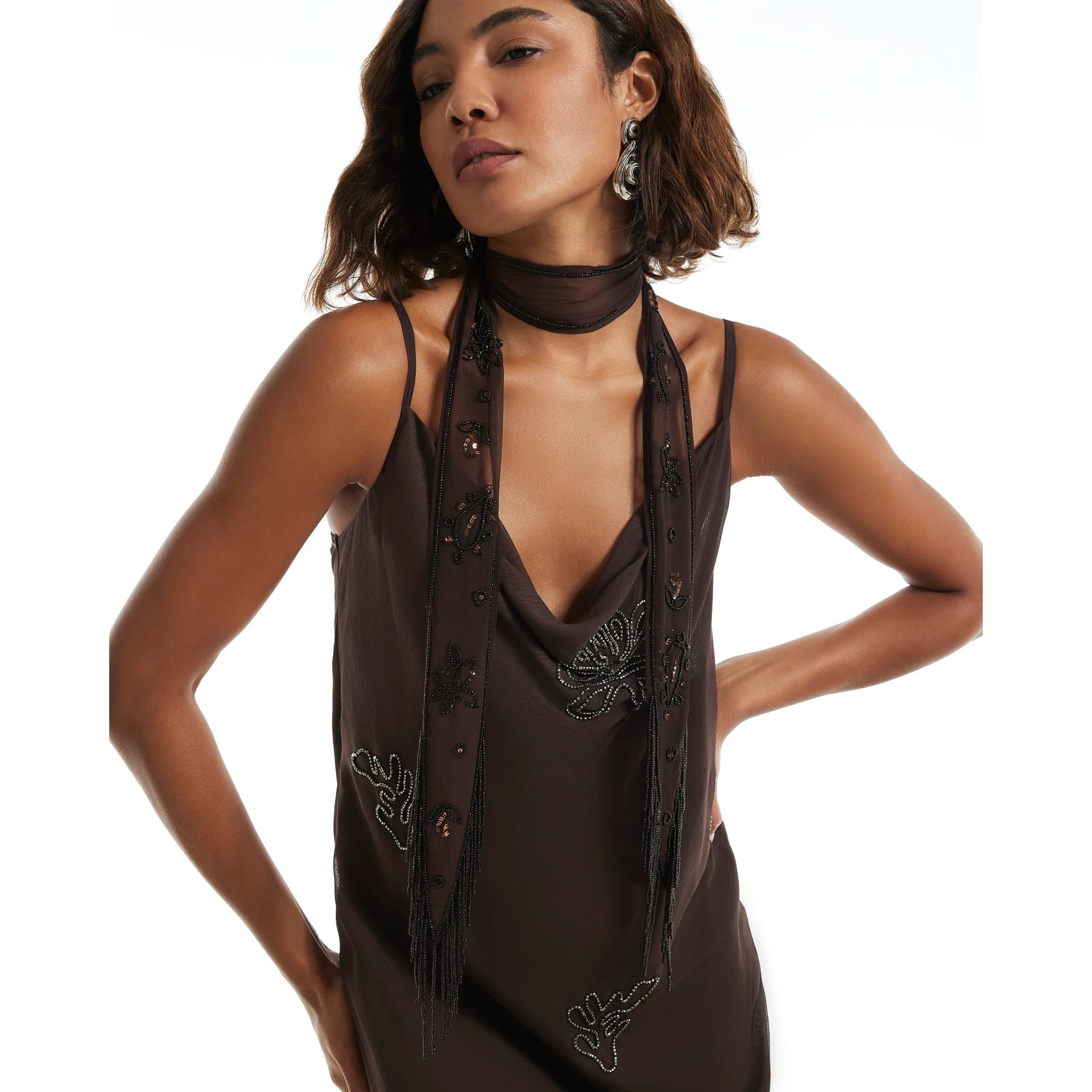 River Island River Island Womens Brown Embellished Skinny Scarf