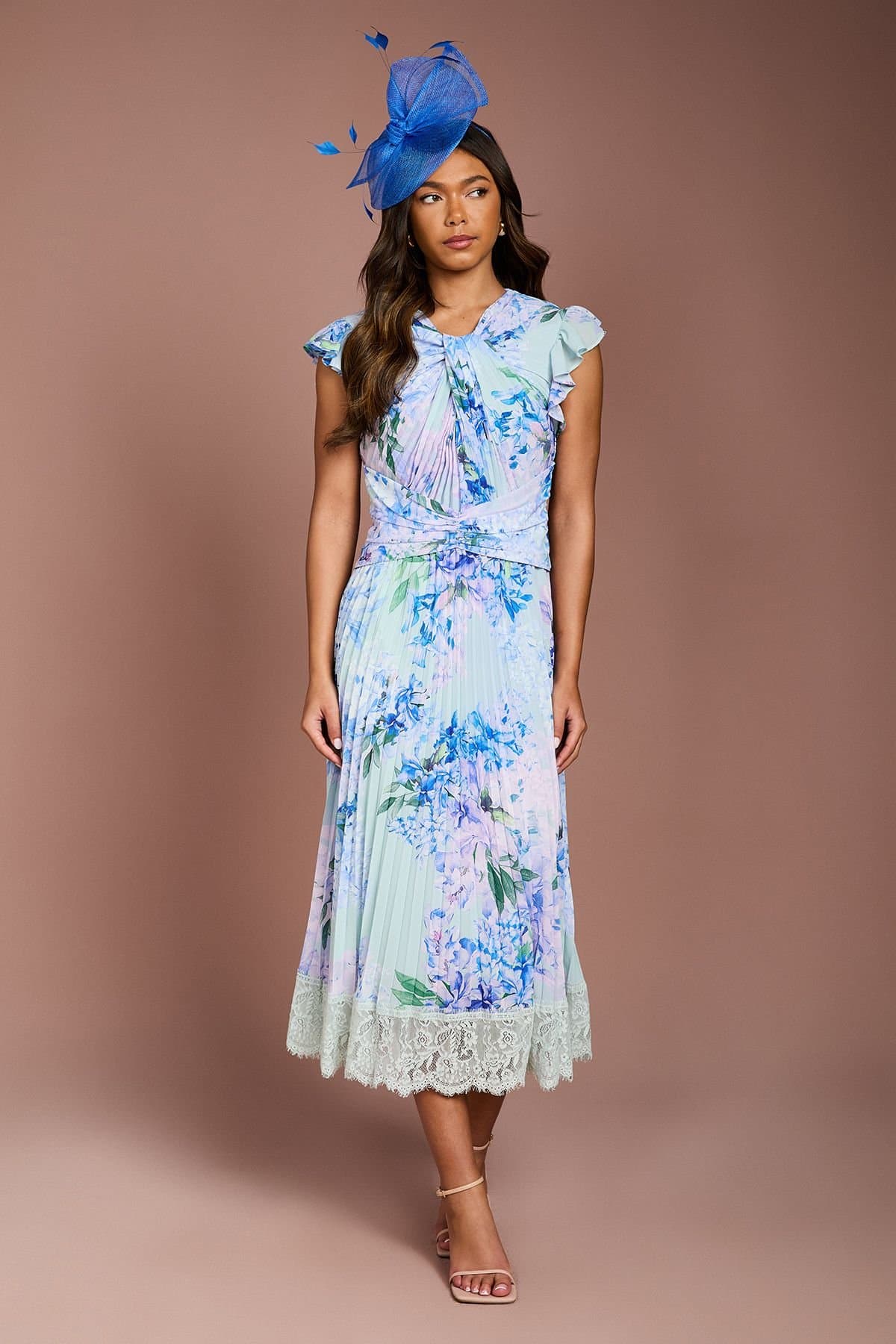 Coast Coast Women's Floral Printed Georgette Dress With Lace Trims in Blue