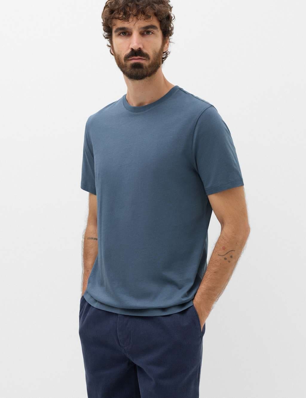 Marks & Spencer M&S Dusty Blue Cotton Crew Neck T-Shirt