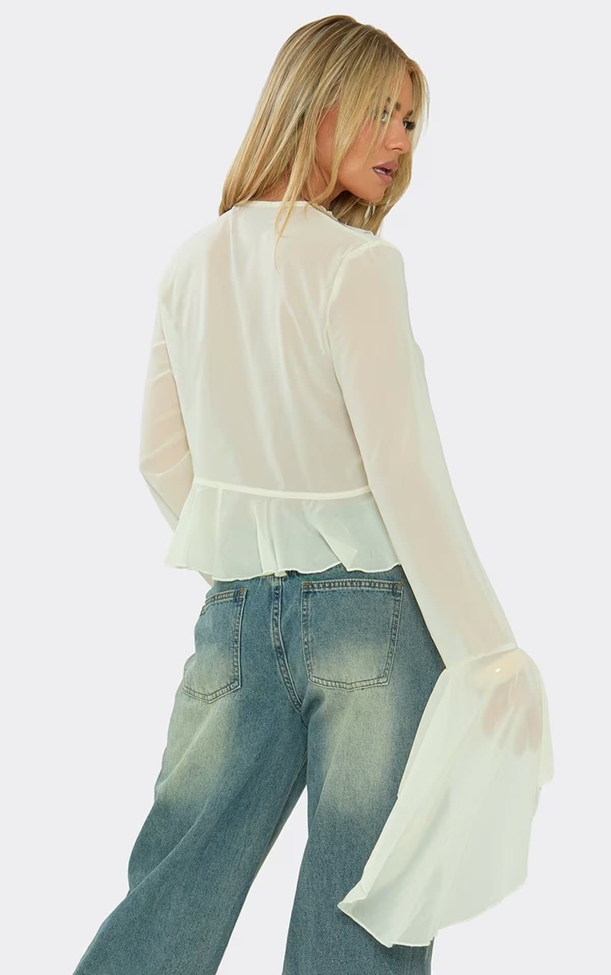 EGO Long Bell Sleeve Tie Front Frill Detail Top In Cream Mesh, Women's Size UK 6