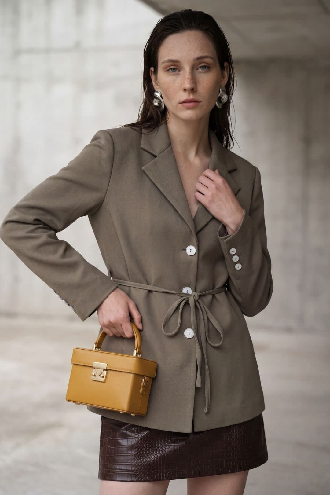 MyFashion MyFashion Women's Tie Detail Crepe Blazer Jacket in Khaki