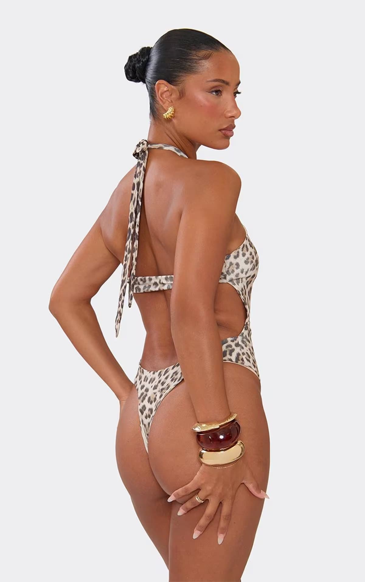 EGO Keyhole Cut Out Trim Detail High Leg Swimsuit In Leopard Print, Women's Size UK 6