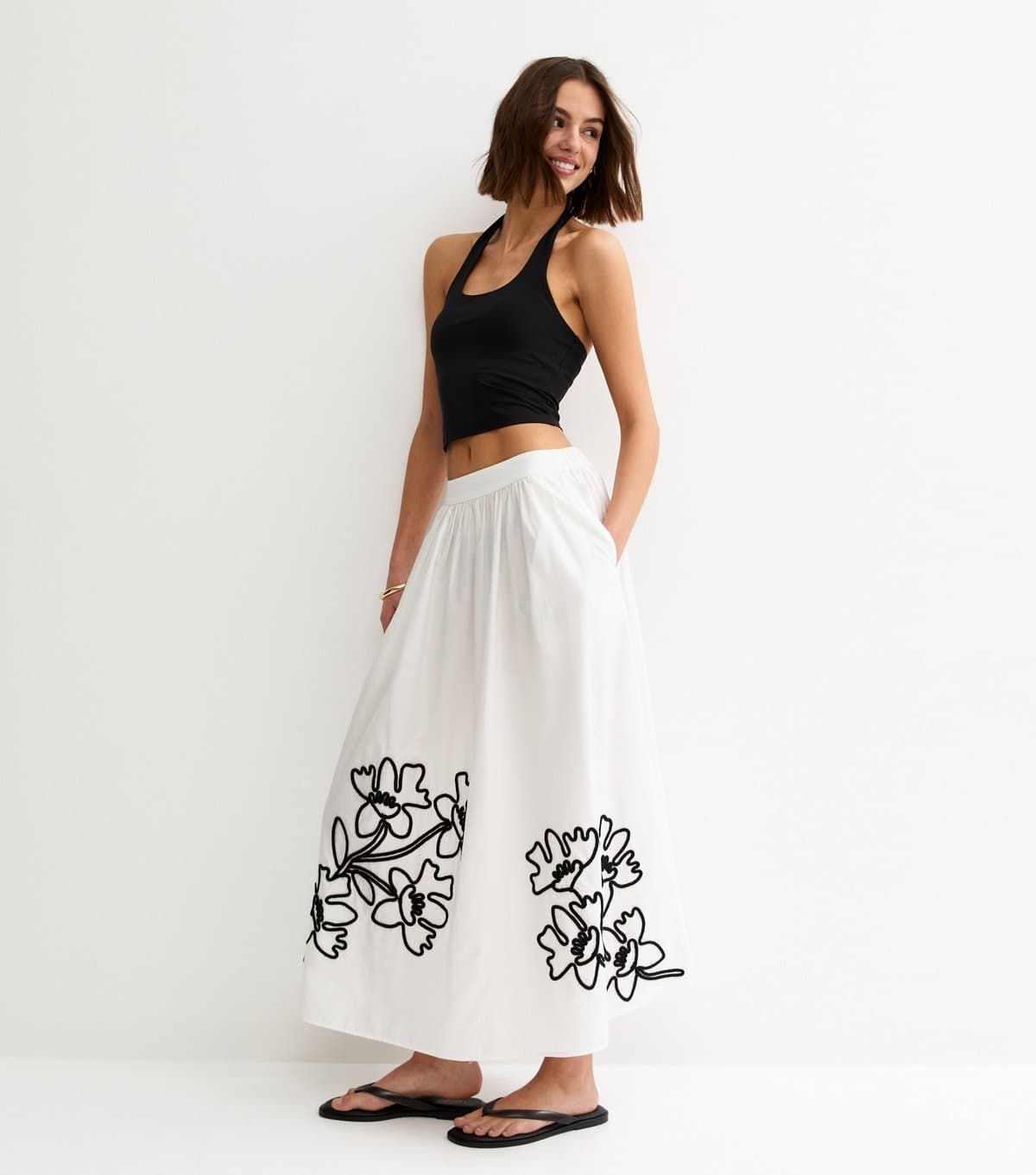 New Look Women's Cream Flower Embroidered Midi Skirt New Look