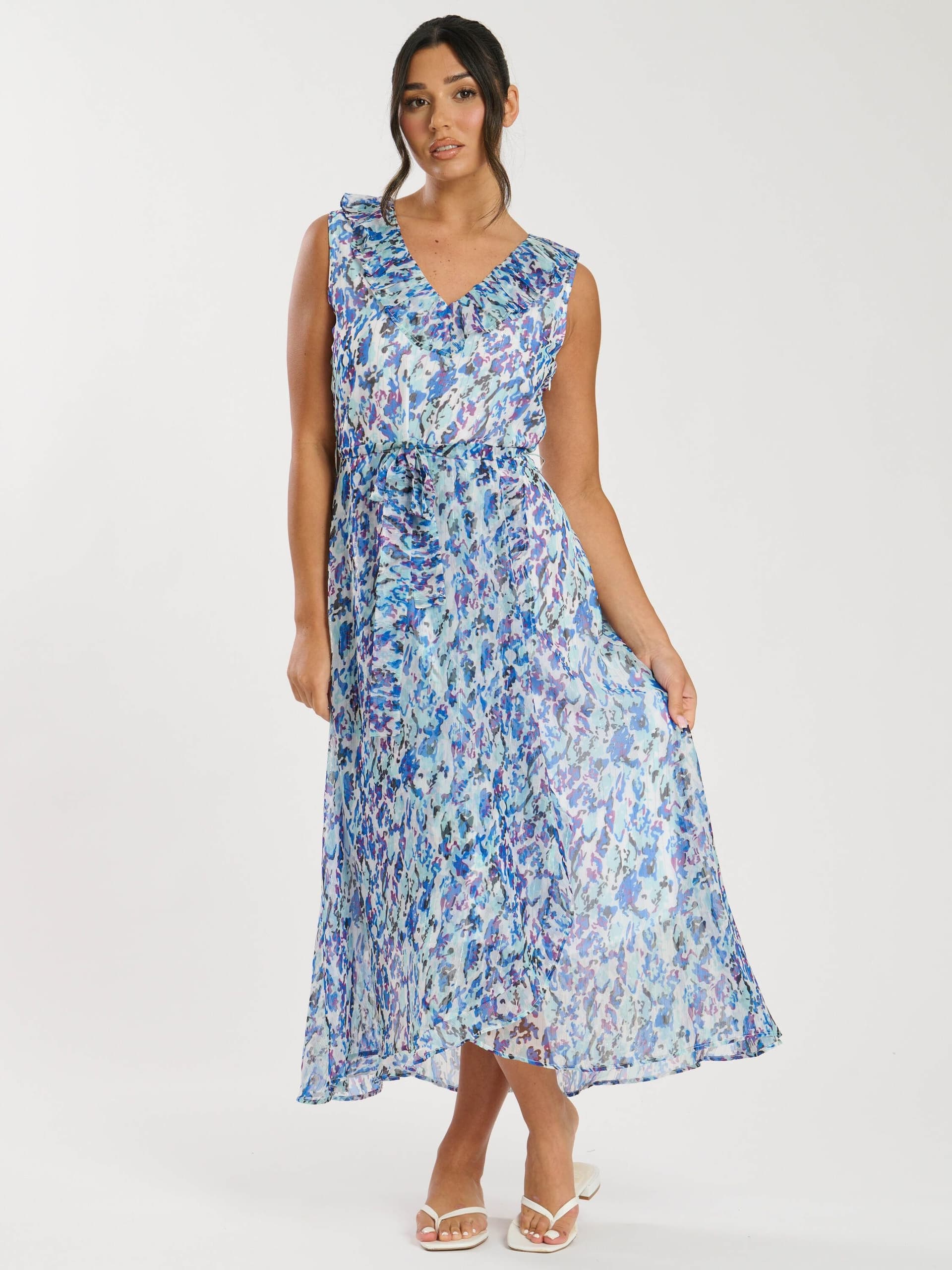 South Beach South Beach Women's Printed Chiffon Frill Wrap Midi Dress in Blue