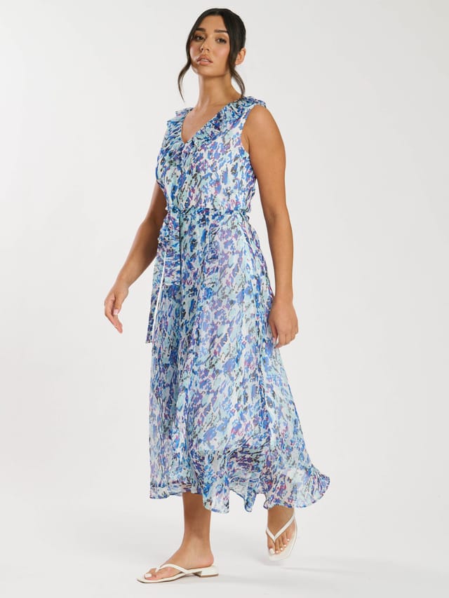 South Beach South Beach Women's Printed Chiffon Frill Wrap Midi Dress in Blue - 2