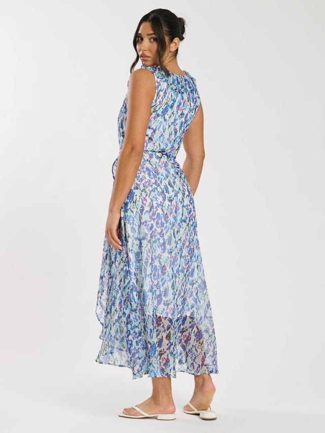 South Beach South Beach Women's Printed Chiffon Frill Wrap Midi Dress in Blue - 3