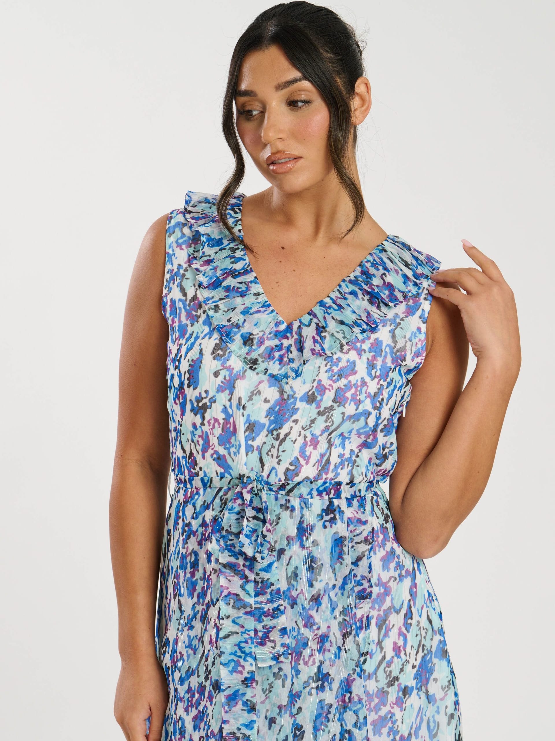 South Beach South Beach Women's Printed Chiffon Frill Wrap Midi Dress in Blue - 4