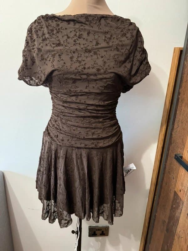 ASOS Design brown mini dress ruched hanky hem fitted waist devore burnout raw cut size 10