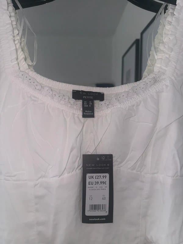 New Look New Look Petite White Puff Sleeve Lace Trim Mini Dress